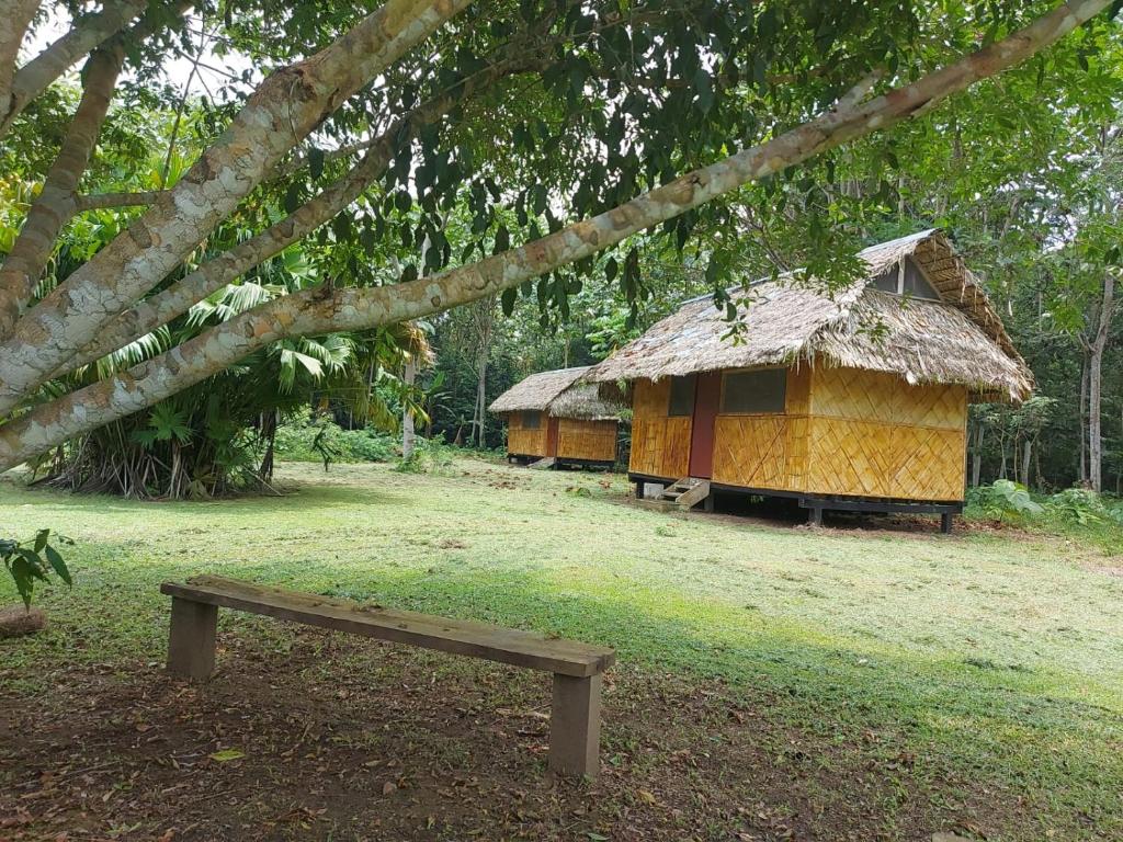 un banco de madera frente a una cabaña en Amazon Lodge Harpy, en Parque Nacional Yasuní