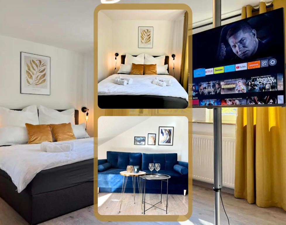 eine Collage mit vier Bildern eines Hotelzimmers in der Unterkunft Design Apartment, Küche, Smart-TV, WLAN in Essen