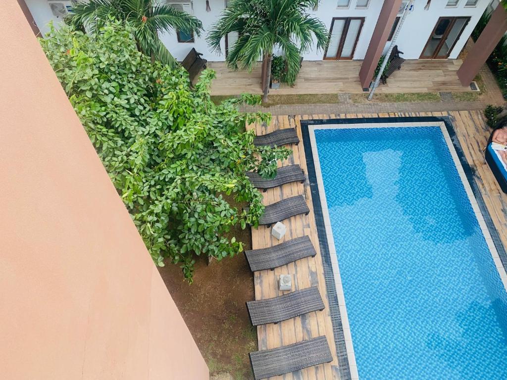 an overhead view of a swimming pool with chairs and plants at Hotel Cloud 9 Negombo in Negombo