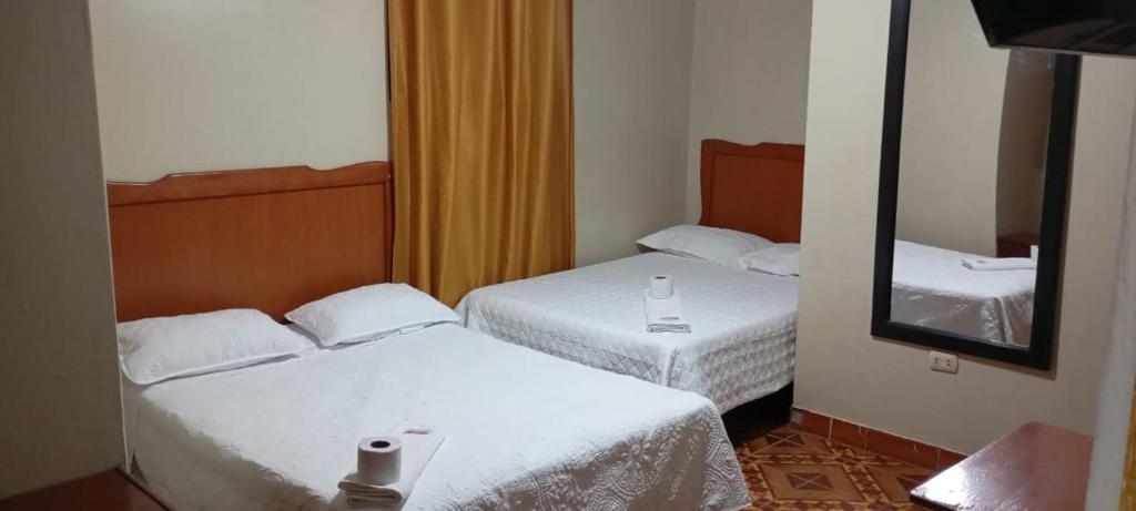 アヤクーチョにあるHOSPEDAJE BUENA VISTAのベッド2台と鏡が備わるホテルルームです。