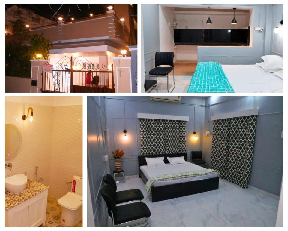 two pictures of a bedroom with a bed and a bathroom at Janki Kunj Varanasi- 3 Room Home in Varanasi