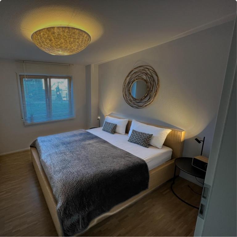 1 dormitorio con 1 cama grande y espejo en Fewo Spectrum, en Überlingen