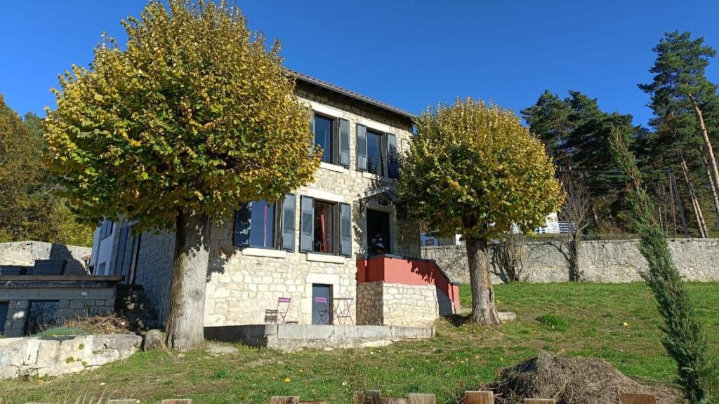 uma casa de pedra com duas árvores em frente em Chez Niréas & Serge em Blavozy