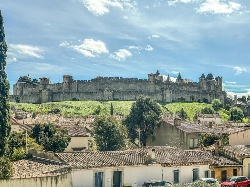a castle sitting on top of a hill with houses at Face Cité - Chambres D'Hôtes - Parking & Garage Gratuit - Wi-Fi Gratuit in Carcassonne