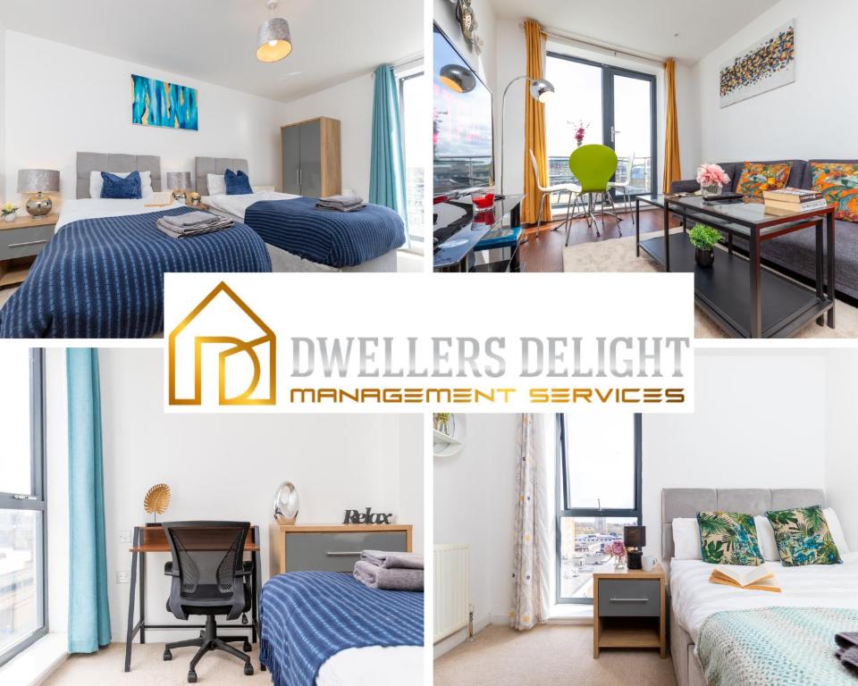 a collage of photos of a bedroom with beds and a desk at Stevenage - 2 Bedroom Apartment, Free Wifi & Balcony Upto 5 guests in Stevenage