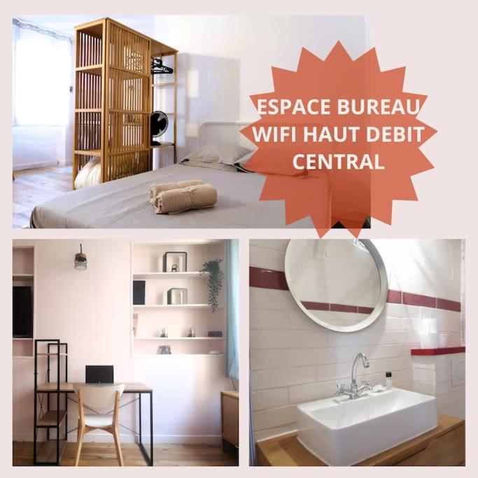 - un collage d'images d'une chambre avec un lit et un lavabo dans l'établissement Central coeur de Marseille-Wifi haut débit, bureau, à Marseille