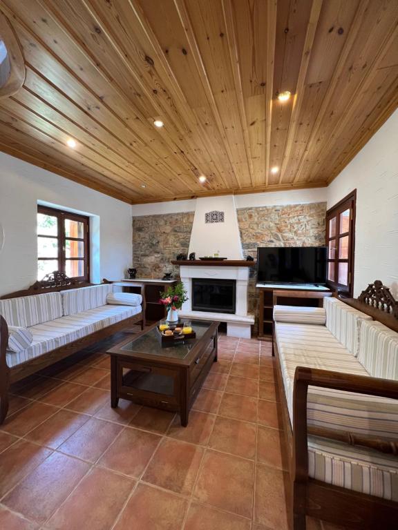 梅加利阿莫斯的住宿－Villa Pigadi，带沙发和桌子的大客厅