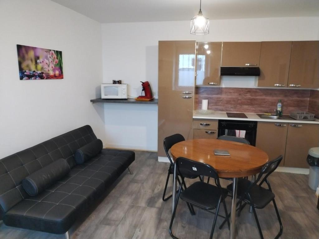ein Wohnzimmer mit einem Sofa und einem Tisch sowie eine Küche in der Unterkunft Studio proche de la gare et du centre ville in Châlons-en-Champagne