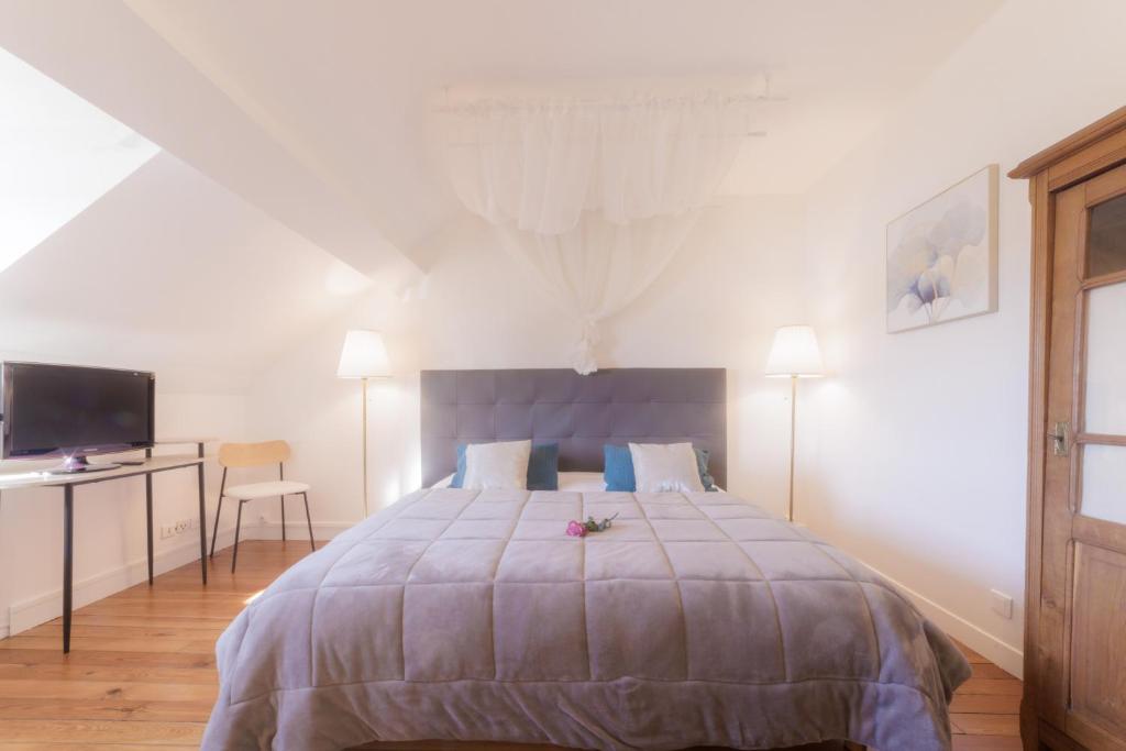 une chambre avec un grand lit et une télévision dans l'établissement Domaine de l'Orangerie - La Roseraie, à Boissise-la-Bertrand