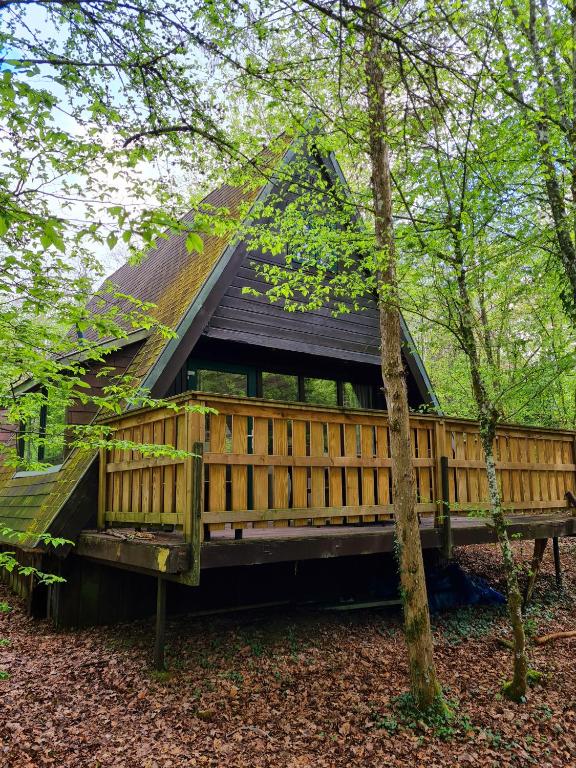 a large wooden house with a porch in the woods at Chalet d Ooghe in Durbuy
