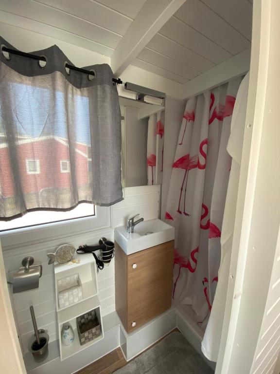 bagno con lavandino e tenda doccia di Tiny House am Meer a Heringsdorf