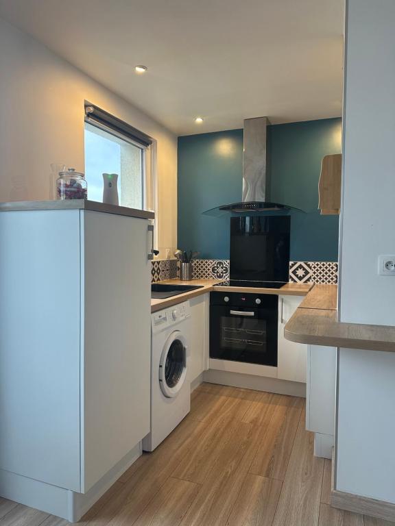 une cuisine avec un lave-linge et un lave-vaisselle dans l'établissement Appartement 40m2 Caen, à Caen