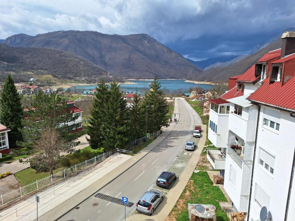 a street in a town with a lake and mountains at Apartment DUNJA in Pluzine