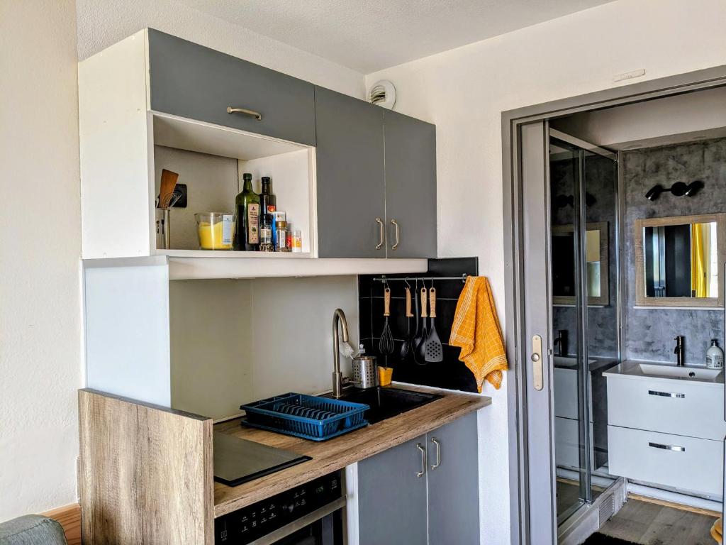 Kuchyň nebo kuchyňský kout v ubytování STUDIO PLAGE ANTHEMIS