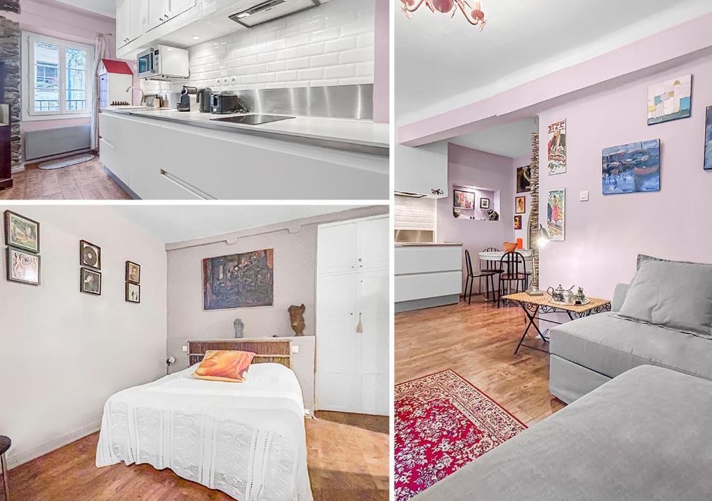a collage of photos of a living room and a kitchen at Lumière de Collioure in Collioure