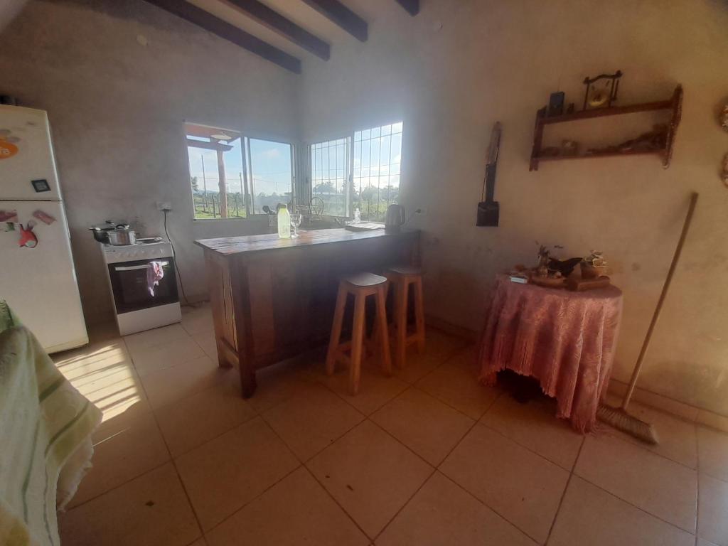 a kitchen with a counter and a table and a refrigerator at La rosa in Salta