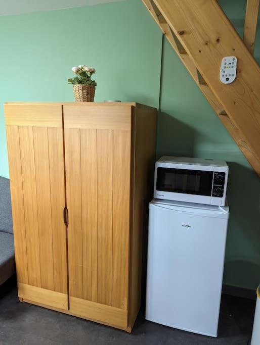 a microwave on top of a refrigerator next to a wooden cabinet at La Madeleine d&#39;Eybens (Grenoble) in Eybens