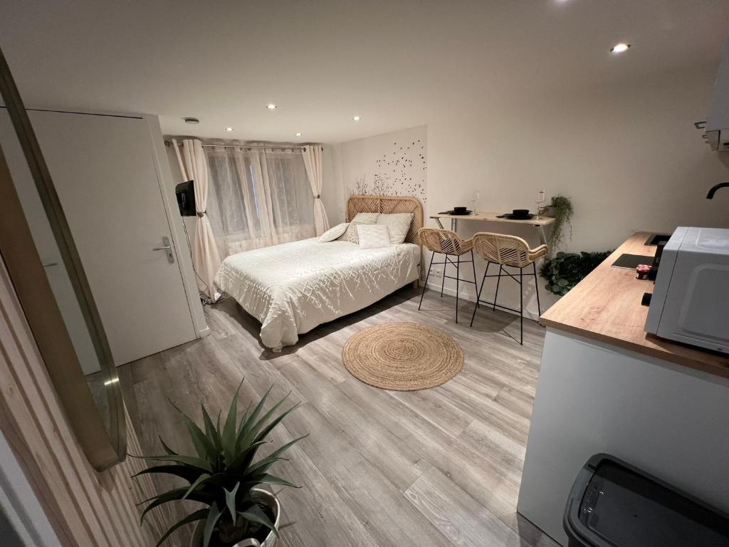 a bedroom with a bed and a desk and a table at Le zénith vieille ville d'Annecy in Annecy