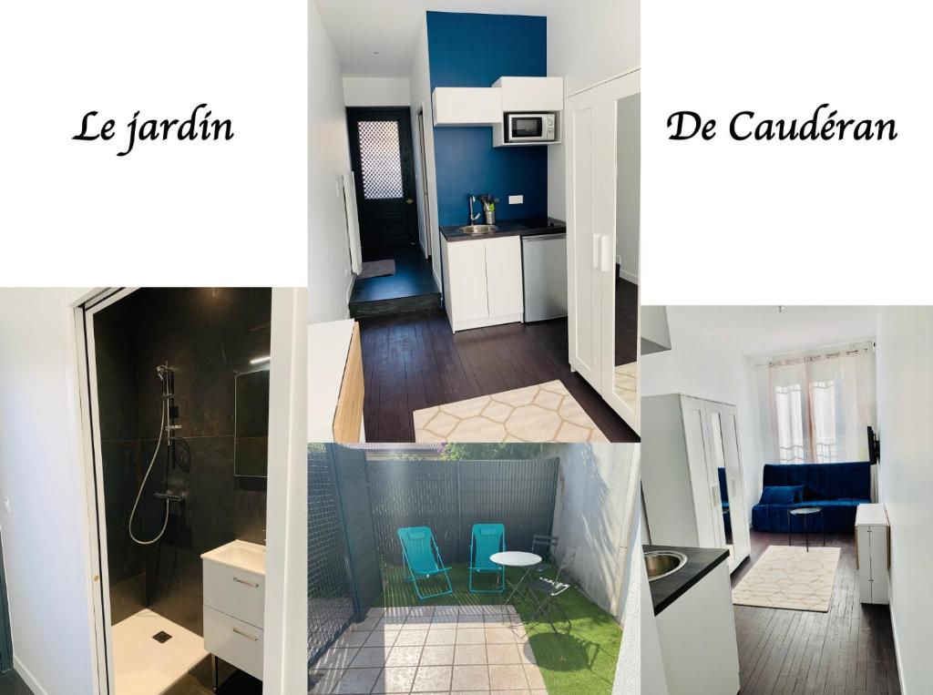 un collage de trois photos d'une cuisine et d'une salle de bains dans l'établissement Studio cosy wifi terrasse CHU-Cite administrative-Primrose, à Bordeaux