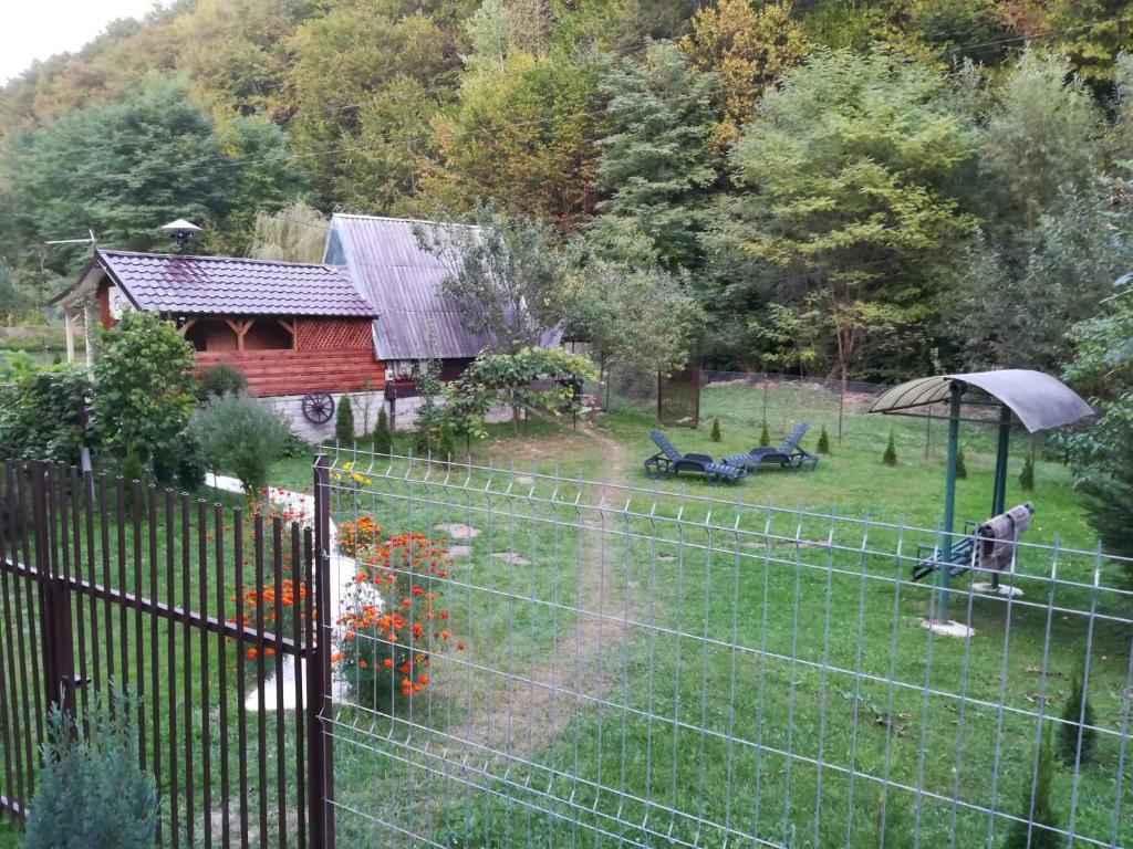una cerca frente a un patio con una casa en Căsuța Elena, en Buceş