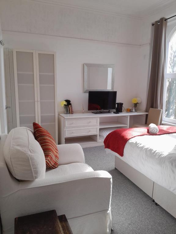 a bedroom with a bed and a couch and a tv at SINGLETON SHORT STAYS R8 in Swansea