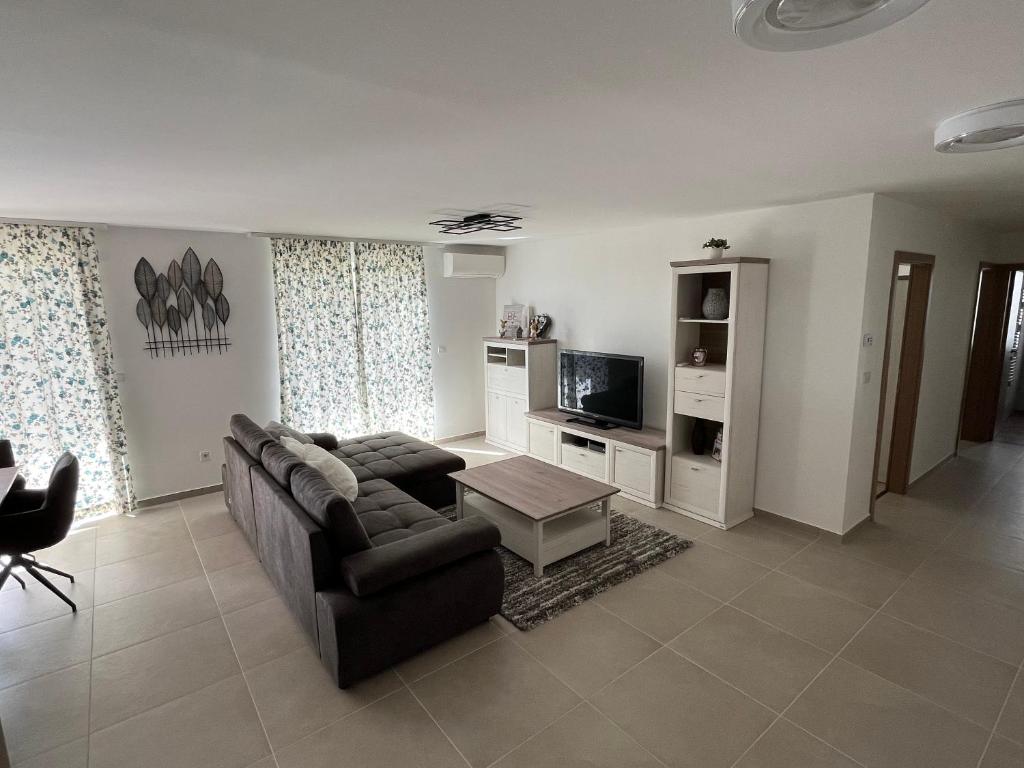 - un salon avec un canapé et une télévision dans l'établissement Napfény Apartman ll., à Sopron