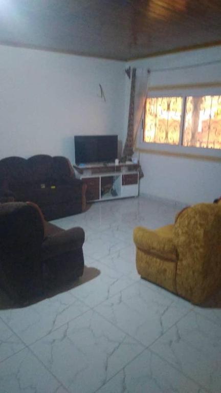 Sala de estar con 2 sofás y TV en villa yaoundé, en Yaoundé