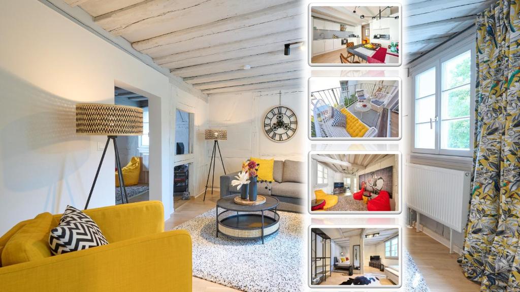 un collage de fotos de una sala de estar en XZLLENZ: frisch renoviertes Fachwerk, 100qm, Netflix, Zentrum, Balkon, en Schwabach