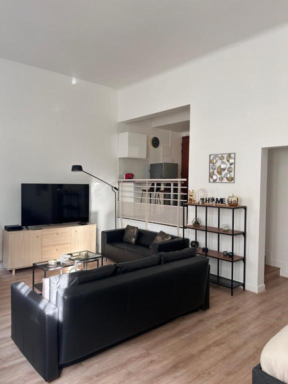 ein Wohnzimmer mit zwei schwarzen Sofas und einem TV in der Unterkunft Appartement / Loft Paris 8ème in Paris