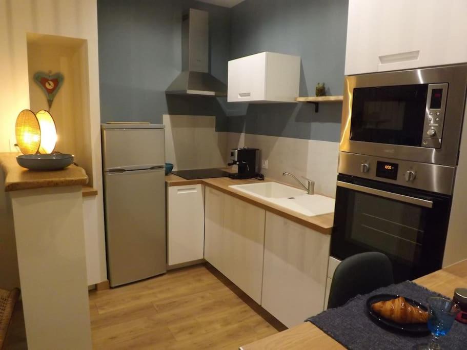 une petite cuisine avec un évier et un micro-ondes dans l'établissement Appartement cosy hyper centre, très tranquille, à Angers