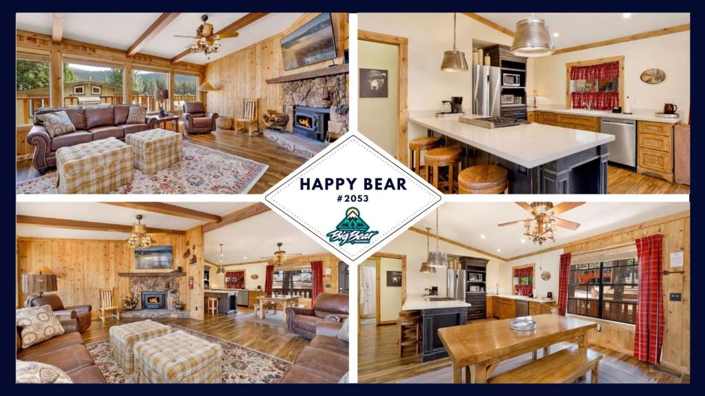 een collage van foto's van een keuken en een woonkamer bij 2053-Happy Bear home in Big Bear Lake
