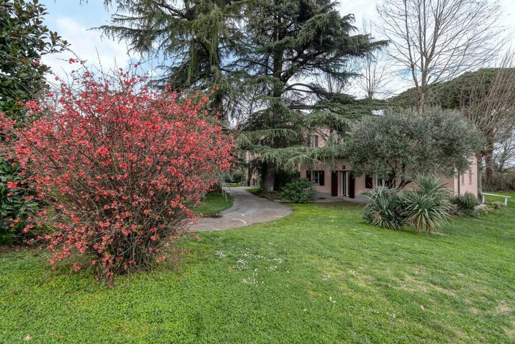 una casa con un arbusto rojo en un patio en Villa Govi-Pancaldi, en San Lazzaro di Savena