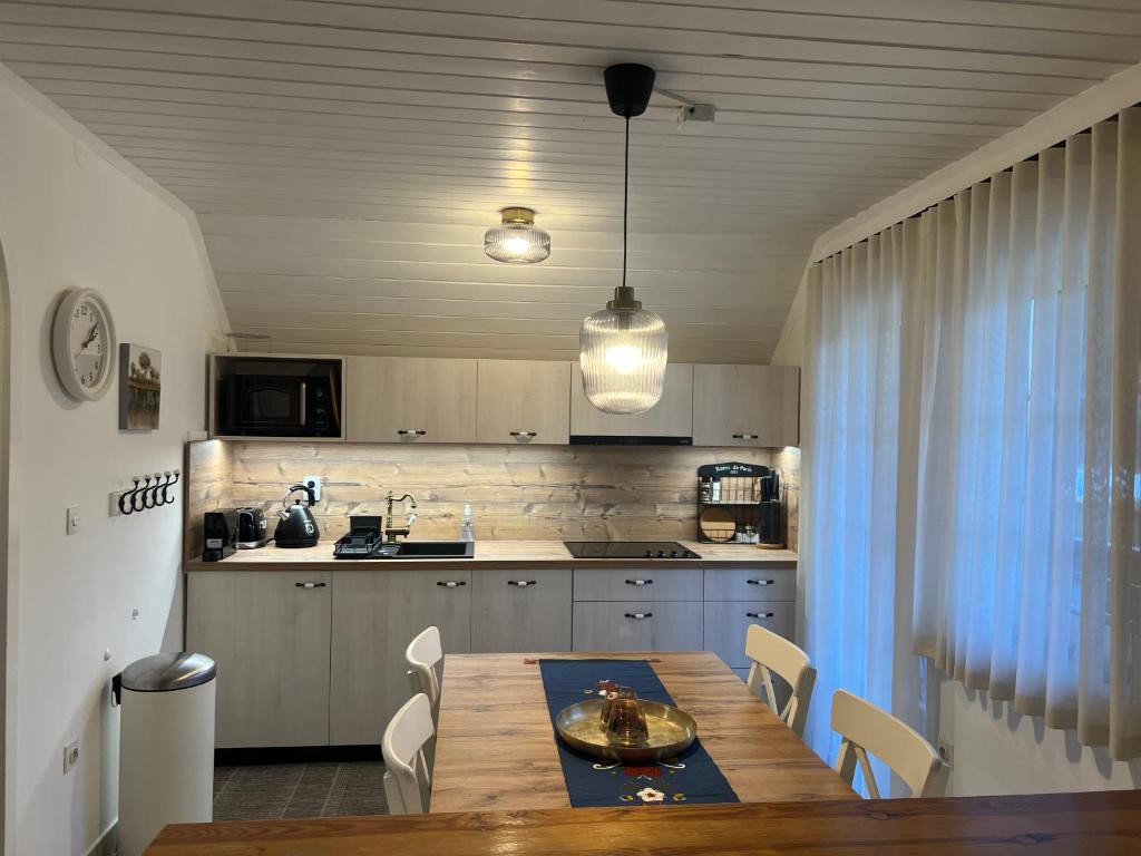 a kitchen with a wooden table and a dining room at Bella Mura Nature Apartment Lipa 97 in Podčetrtek