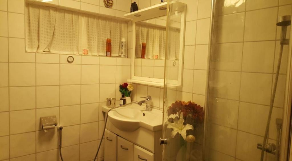 ein Bad mit einem Waschbecken, einem Spiegel und einer Dusche in der Unterkunft bnb mary in Björnlunda