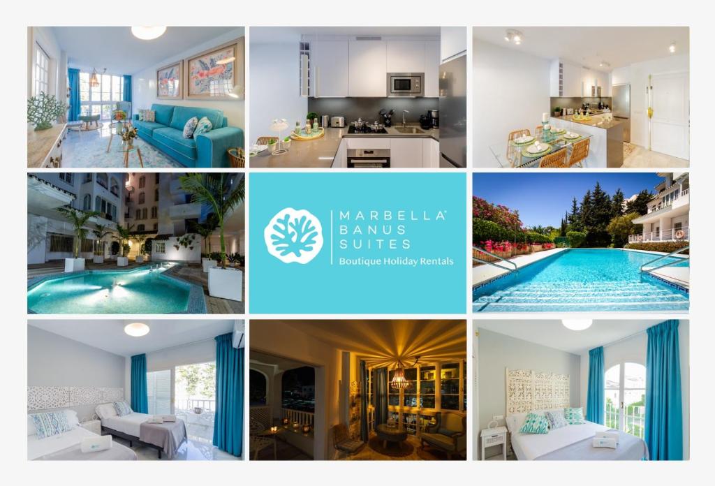 uma colagem de fotos de casas e uma piscina em MARBELLA BANUS SUITES - Iris Tropical Garden Banús Suite Apartment em Marbella