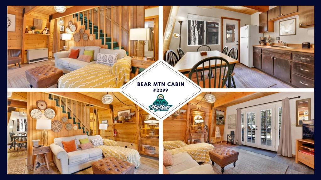uma colagem de três fotos de uma cozinha e uma sala de estar em 2299-Bear Mountain Cabin chalet em Big Bear Lake