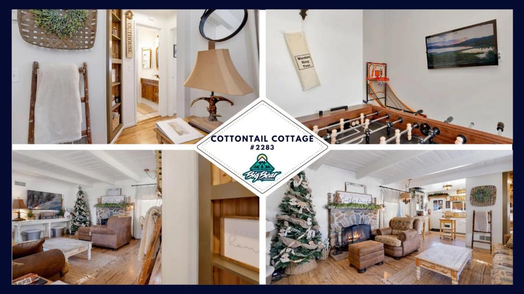un collage de fotos de una sala de estar con un árbol de Navidad en 2283-Cottontail Cottage cabin, en Big Bear Lake