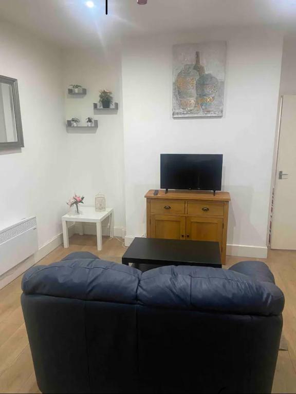 Roundhay的住宿－*Cosy 1 bedroom apt nxt to Roundhay and centre *，客厅配有蓝色的沙发和电视