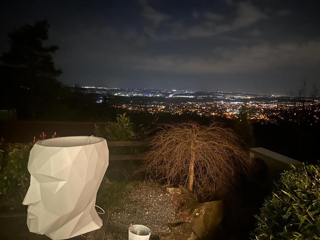 Un vaso bianco seduto in cima a una collina di notte di Schillerhöhe Luxury-Hideout - Traumblick mit viel Platz und Privatsphäre a Gerlingen