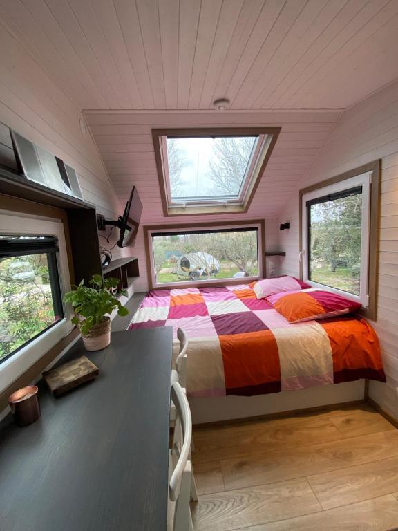 a bedroom with a bed and two windows at Tiny house en pleine campagne in Arles