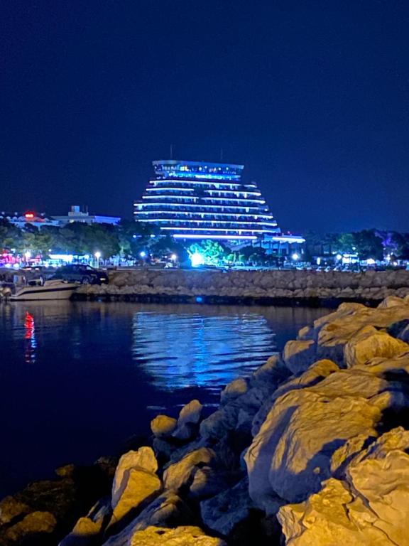 ein Kreuzfahrtschiff, das nachts auf dem Wasser sitzt in der Unterkunft Apartman Sunce in Vodice