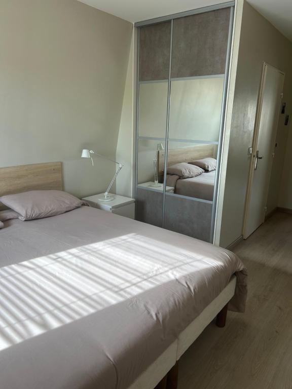 une chambre avec un grand lit et un miroir dans l'établissement Entre Paris et Disneyland, à Chelles