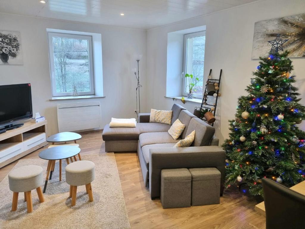una sala de estar con un árbol de Navidad. en Appartement chaleureux 80m2, en Orbey