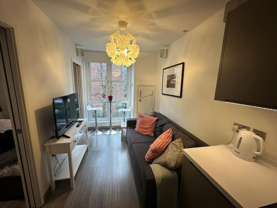 ein Wohnzimmer mit einem Sofa und einem TV in der Unterkunft Modern Flat in Camden Town in London
