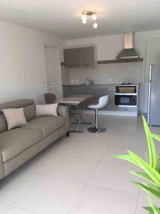 un salon avec un canapé et une table dans l'établissement Studio à ESTEREL BELAHOME, à Saint-Raphaël