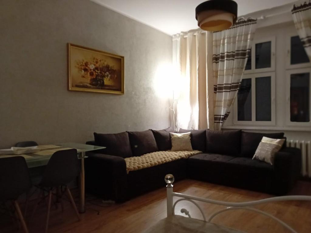 uma sala de estar com um sofá preto e uma mesa em Magnolia1 em Toruń