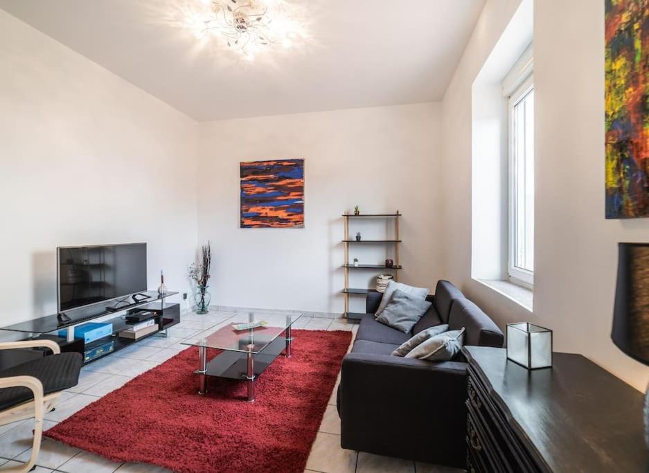 ein Wohnzimmer mit einem Sofa und einem roten Teppich in der Unterkunft En famille ou entre amis in Mondelange