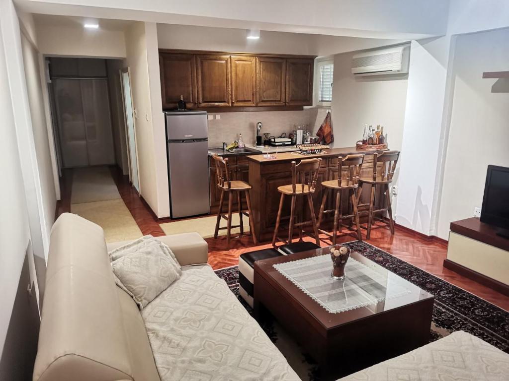ein Wohnzimmer mit einem Sofa und einer Küche in der Unterkunft VILI APARTMENTS STAR DOJRAN in Star Dojran