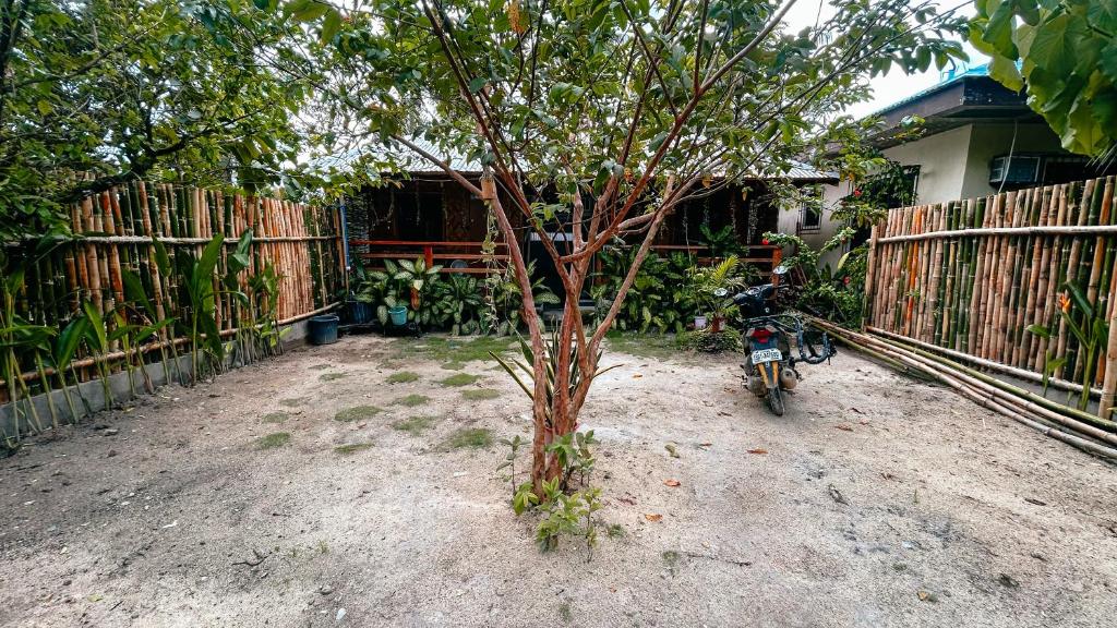 a motorcycle parked next to a tree in front of a fence at Islo Hut Kaliwa in General Luna