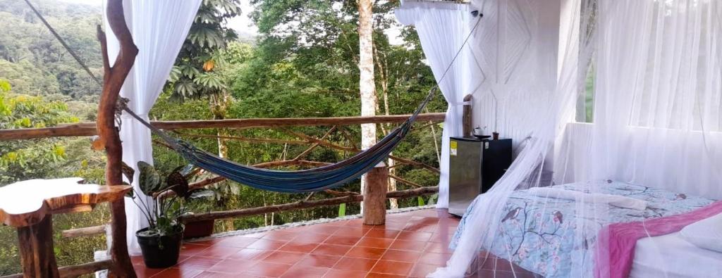 a hammock in a room with a view of the forest at Hostal Ariantiy in Pepino